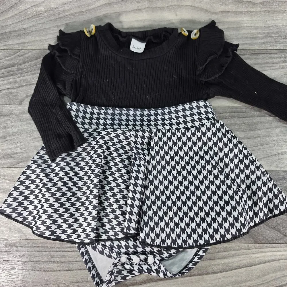 Houndstooth Skirted Romper Set Black White Bow Socks 9-12M 3 Pc Photoshoot